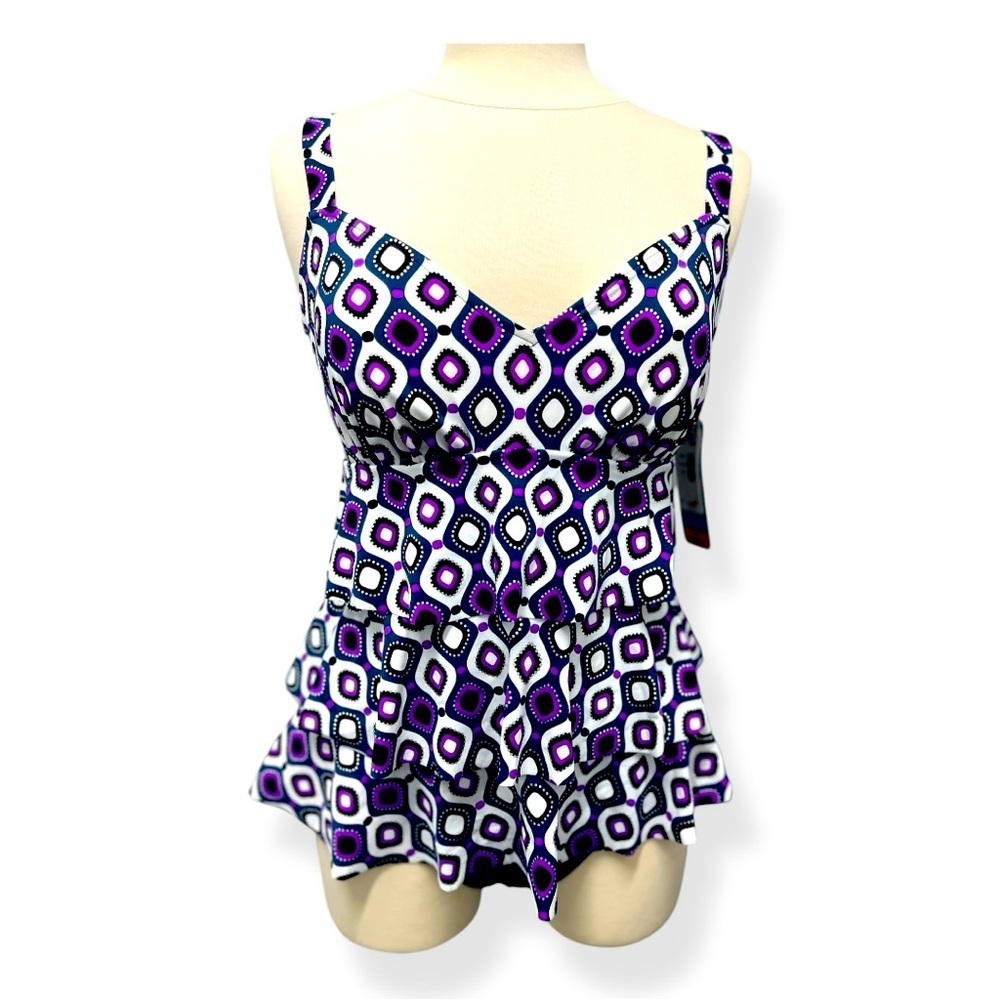 Swim Solutions Women’s One‎ Piece Bathing Suit Purple Black Tiered Size 10 NWT